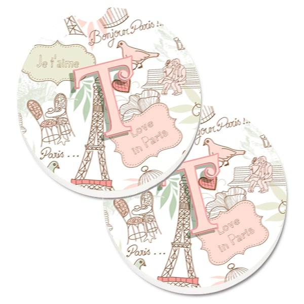 Carolines Treasures Letter T Love in Paris Pink Set of 2 Cup Holder Car Coaster CJ2002-TCARC - main